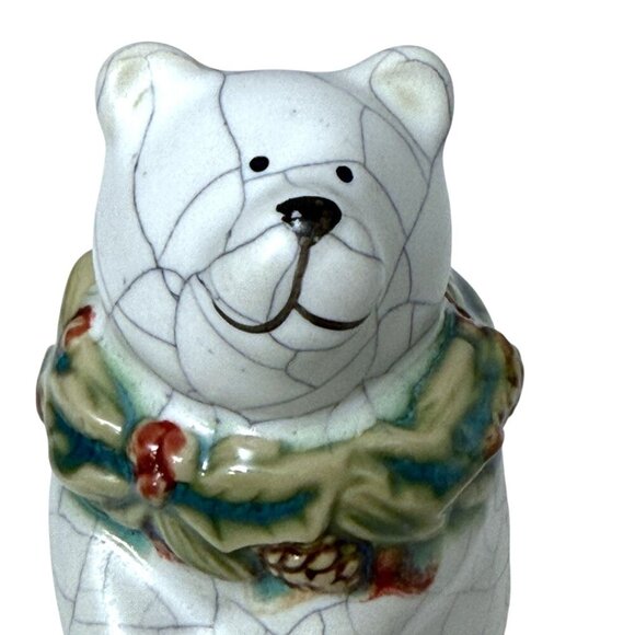 Holiday Polar Bear Figurine Rustic Ceramic w/ Holly Accent Christmas Decor 5" - Picture 2 of 8